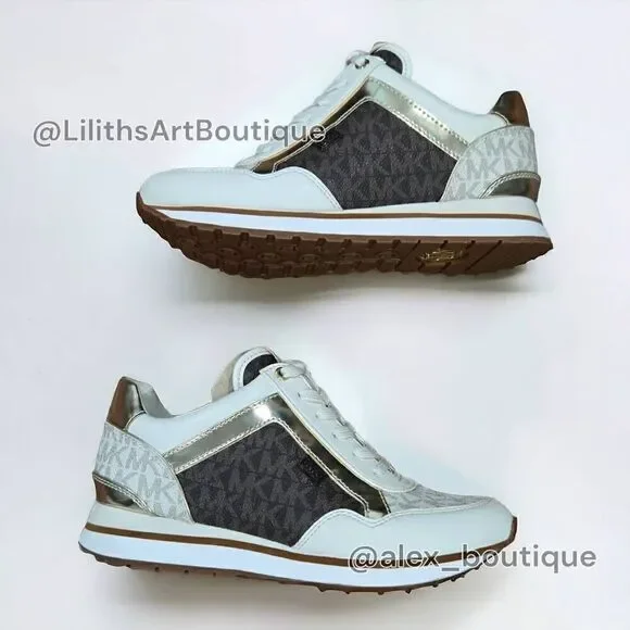 Michael Kors Maddy Vanilla/ Brown Two-Tone Logo Trainer Women's Sneakers 5.5 - Picture 7 of 13